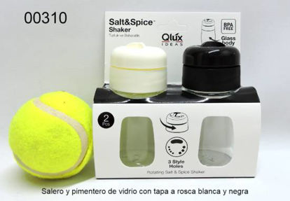 Imagen de SALERO Y PIMENTERO DE VISRIO  CON TAPA A ROSCA BLANCA Y NEGRA 1.25